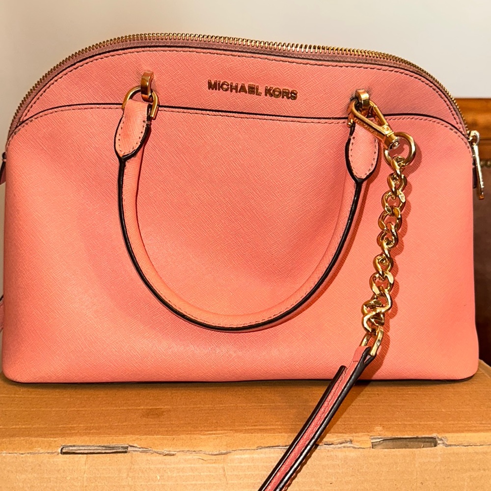 Michael Kors Emmy  Saffiano Leather Medium Crossbody Dome Bag chains coral color